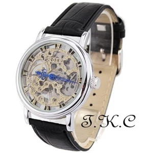 Argent Héritage Mécanique Squelette Steampunk Cuir Noir Unisexe Enrouler Montre - Picture 1 of 7