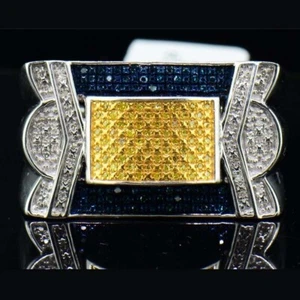 0.30 Ctw Blue & Yellow Diamond 14K White Gold Plated Statement Square Men's Ring - Picture 1 of 9