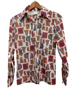 Vintage 70s Womens Button up Shirt Size 10 Multi Novelty Print Long Sleeve Retro - Picture 1 of 4