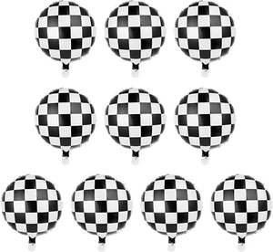 10Pcs Racing Car Balloon Checkerboard Balloon with Ribbon and Straw Black White - Picture 1 of 8