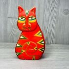 Vintage Laurel Burch Painted Wooden Cat red folk art style wooden cat figurine