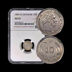 DENMARK. 1889, 10 Ore, Silver - NGC AU55 - Christian IX, Porpoise 🐬 - Picture 1 of 6