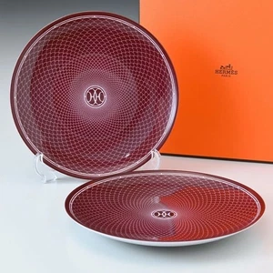 Hermes Dessert Plate H Deco Rouge Red Tableware Dish 2 set Dinner Auth New 21 cm - Picture 1 of 8