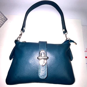 Genuine Leather Borse In Pelle Made In Italy Blue Pebbled Shoulder Bag Purse - Picture 1 of 15