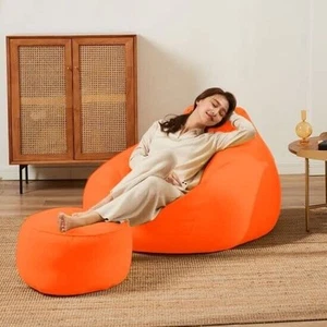 Sitzsack Stuhl Sofa Bezug mit Fußstütze Ohne Bohnen Kunstleder Orange - Bild 1 von 4