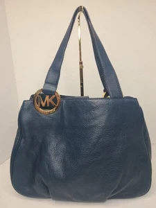 Michael Kors Women Fulton Blue Shoulder Handbag Navy Pebbled Leather MK Emblem - Picture 1 of 20