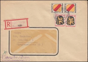 6+10 Freimarken Wappen 12+30 Pf MiF auf R-Brief Not-R-Zettel MEERSBURG 7.12.1947 - Bild 1 von 2