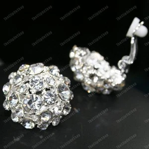 CLIP ON glass rhinestone BIG ROUND CRYSTAL EARRINGS silver plated diamante clips - Picture 1 of 4