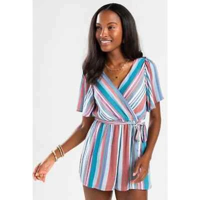 Francesca's Mi Ami Mujer XXS Rayas Manga Corta Mameluco Corbata Frontal 3" Entrepierna Foto 1 de 4