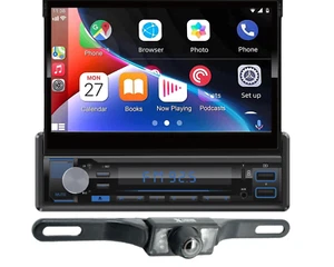 7" 1 -Din CarPlay & Android Auto Bluetooth Receiver Motorized Touchscreen + CAM - Picture 1 of 6