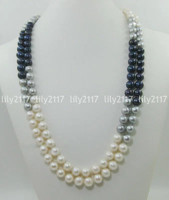 2 Rows 9-10mm natural south sea white black gray real pearl necklace 18-19" - Image 1 of 4