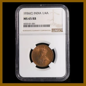 British India 1/4 (Quarter) Anna, 1936 (C) Calcutta NGC MS 65 RB King George V - Picture 1 of 2