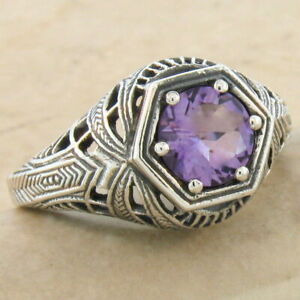 GENUINE AMETHYST 925 STERLING SILVER ART DECO STYLE SOLITAIRE RING         1109X