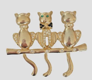 Vintage  Gold Tone Green Eyes Cat Kitty Three Cats Brooch Pin R3-J2 - Picture 1 of 4