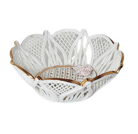 Vintage Porcelain Wicker Style Trinket Basket Floral With Gold Accent 2" x 4" Cover