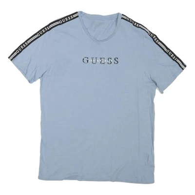 Camiseta GUESS masculina azul manga curta gola redonda logotipo estampa mistura de algodão - Imagem 1 de 4