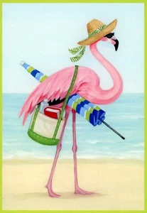 Caspari HAPPY MOTHER'S DAY Card, Beach Umbrella Sand Flamingo by Janine Moore +✉ - Picture 1 of 6
