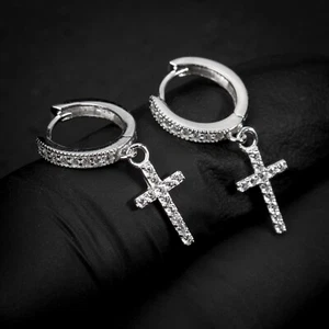Mens Iced Sterling Silver Cz Dangle Drop Mini Huggie Clip Cross Hoop Earrings - Picture 1 of 4