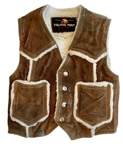 Pacific Trail 70/80s Cowhide Suede Leather Sherpa Lined Cowboy Vest Kids Sz 10 - Picture 1 of 5