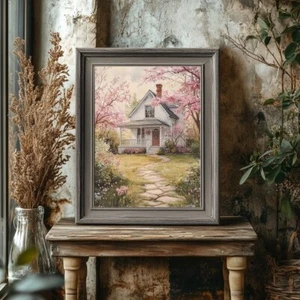 Cottage Garden Wall Art Print – White Cottage Surrounded by Blooming Flowers for - Picture 1 of 22