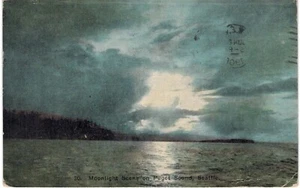 Seattle Moonlight Puget Sound 1910 WA - Foto 1 di 2