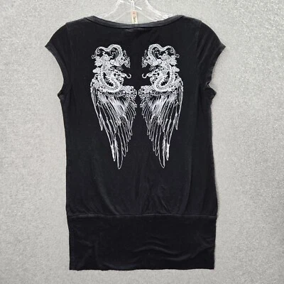 Anchor Blue Women Top 1 Black Shirt Floral Angel Wings Dragon Rock Star - Image 1 of 4