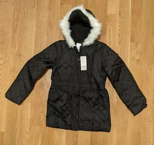 NWT L 10 12 Gymboree Winter Holiday Black Puffer Jacket Coat Faux White Fur Hood - Picture 1 of 1