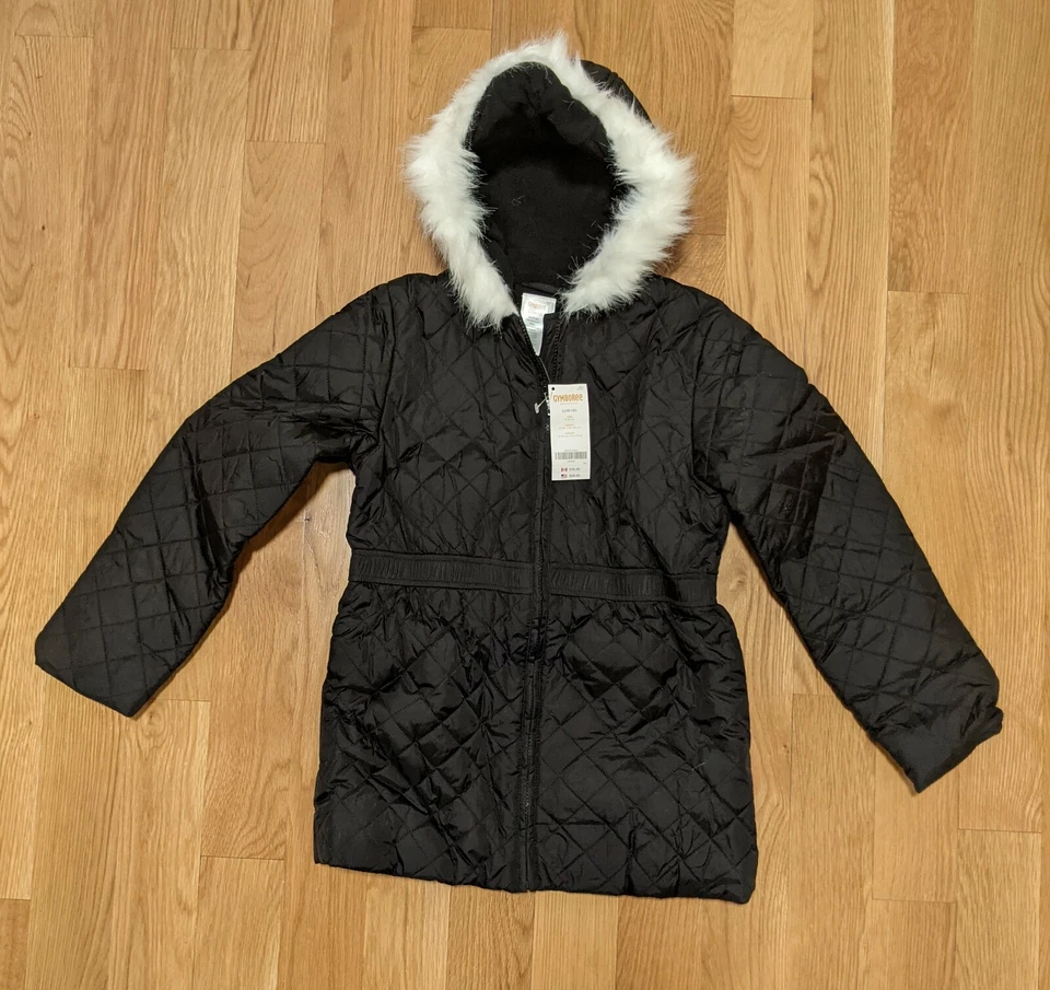 NUEVO CON ETIQUETAS L 10 12 Gymboree Invierno Vacaciones Negro Puffer Chaqueta Abrigo Imitación Piel Blanca Capucha Foto 1 de 1
