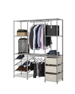 Extendable Chrome Wardrobe Clothes Rail With 3 x Cream Linen Pull Out Storage - Picture 1 of 1