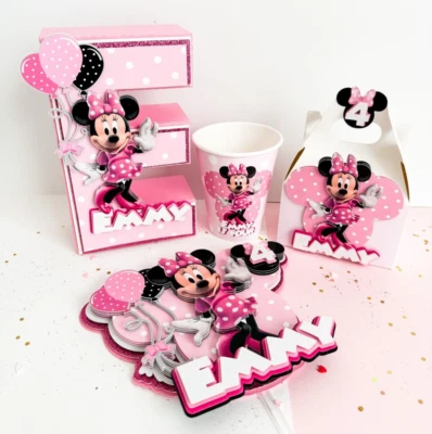 Custom Minnie Birthday Party Set: Cake Topper, 3D Letters, Set of 12 Favor & Cup - Image 1 of 4