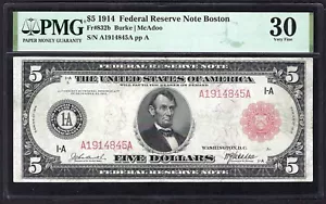 🇺🇸 1914 $5 RED-SEAL FR-832b ♚♚BOSTON♚♚ PMG VF 30 STRONG COLOR - Picture 1 of 2