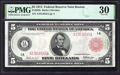 🇺🇸 1914 $5 RED-SEAL FR-832b ♚♚BOSTON♚♚ PMG VF 30 STRONG COLOR - Image 1 of 2