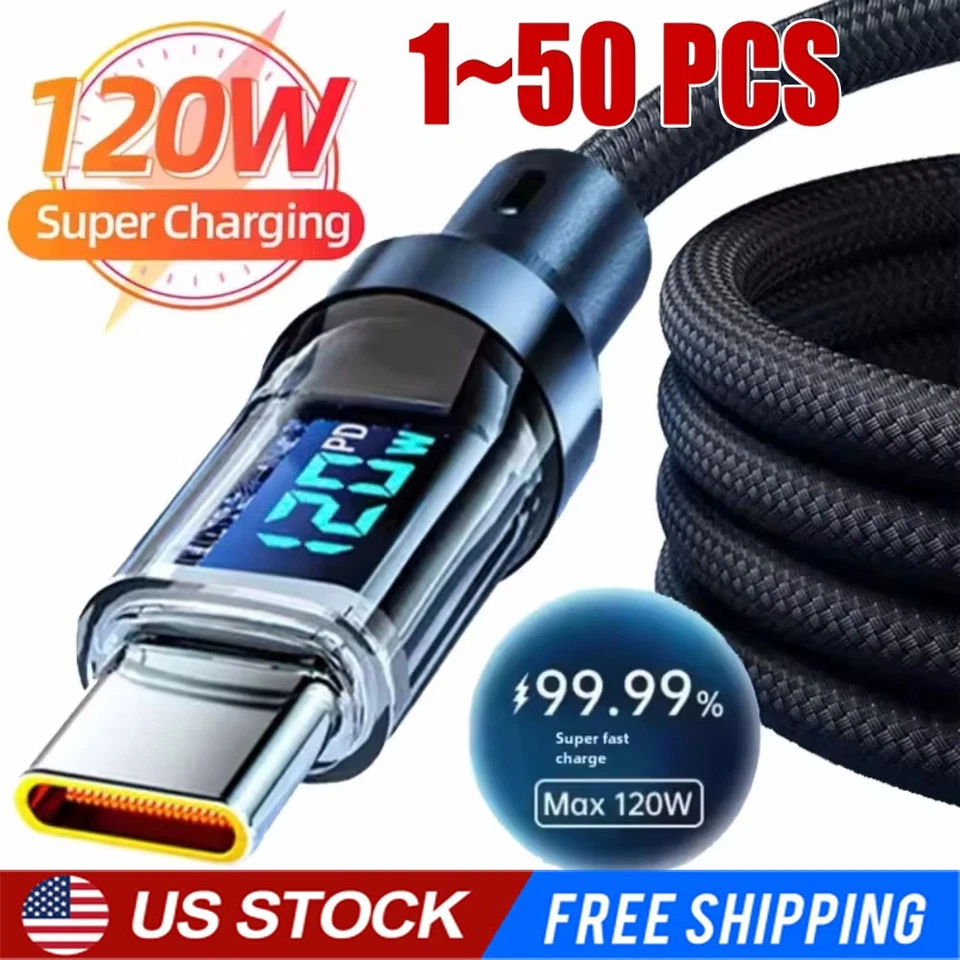 120w Super Fast USB Type-C Charging Braid Phone Charger Lead with Display LOT - Image 1 of 4