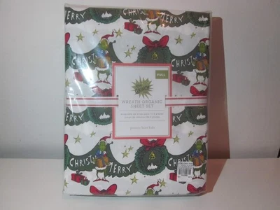 Pottery Barn Kids Grinch Christmas Wreath Organic Cotton FULL Sheet Set NIP NWT - Image 1 of 4