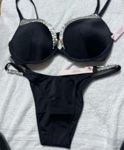 Victoria Secret 32DD S VERY SEXY Push Up Bikini Top Bottom Set Shine Strap Black - Picture 1 of 6