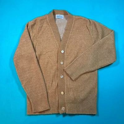 Vintage 70s knit cardigan sweater 1970s wool blend S tan/mustard vtg cardigan - Image 1 of 4
