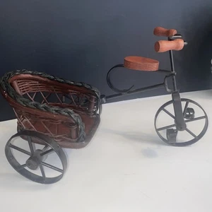 Vintage Metal Toy Tricycle With Wicker Side Car, Wooden Seat & Handlebar Grips - Picture 1 of 16