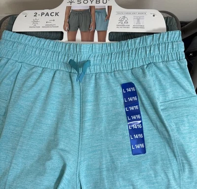 Soybu Girls Boys Shorts Blue Green 2-Pack Elastic Waist UPF 50+ Pockets 14-16 - Image 1 of 4