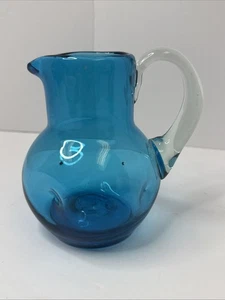 Blue Hand Blown Glass Pitcher Bischoff? 4 1/2 Inches ZZ16 - Picture 1 of 7
