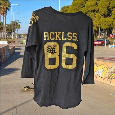 Young & Reckless Black 3/4 Sleeve Gold Foil M Tee - RCKLSS 86 skater los angeles - Image 1 of 4