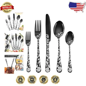 Juego de cubiertos de diseño peonía de 20 piezas para 4 - Elegante acero inoxidable negro - Imagen 1 de 9