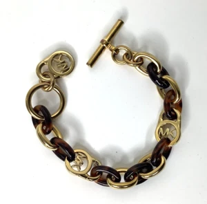 Michael Kors Brown Tortoise Chain Link Padlock MK Logo Bracelet Gold Tone 798 - Picture 1 of 3