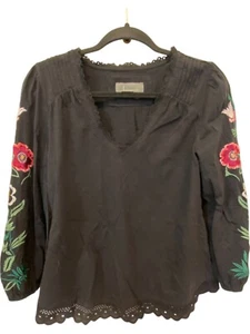 Anthropologie Bluse Damen XS schwarz V-Ausschnitt Blumen bestickt Langarm - Bild 1 von 7