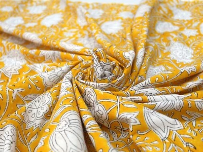 Indian Yellow Hand Block Print Cotton Fabric Natural Handmade Sanganeri 2.5 Yard - Image 1 of 4