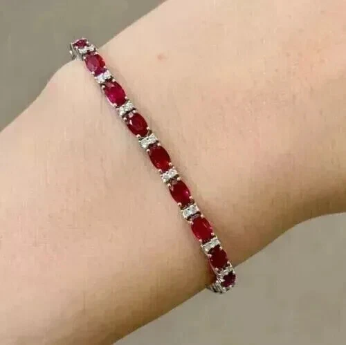 3Ct Oval Cut Lab Created Red Ruby Women Tennis Bracelet 14K White Gold Plated - Image 1 of 1
