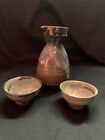 Glazed Ceramic Pottery Japanese Saki Flask And 2 Cups