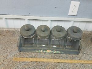 Vintage set of 4 Glass candy store Canister or Cookie Jars Wood Lids wooden rack