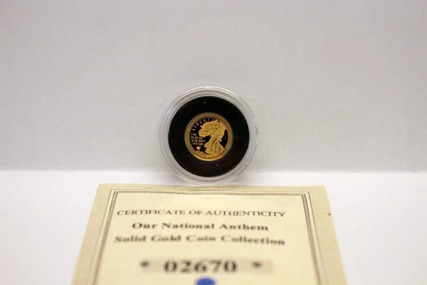 1/2 Gram 14K (.585) Solid Gold Proof National Anthem Coin DAWNS EARLY LIGHT .05g Cover