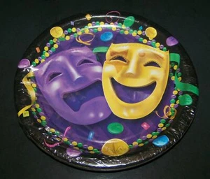 8 Mardi Gras Party Plates Comedy Tragedy Mask 6.75" Purple Yellow Green Gold  - Picture 1 of 2