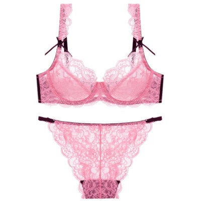 Women Bras Set Unlined Lace Sheer Brassiere Sexy Lingerie Breathable Panties Set - Image 1 of 4